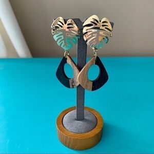 Gold and Wood Handmade Monstera Leaf Earrings